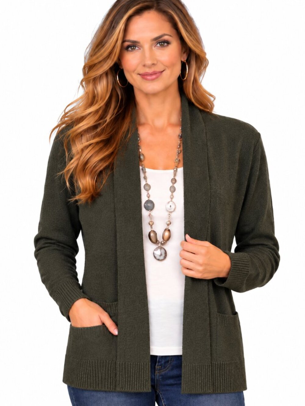 PINK CLOVER Cardigan Open Front w/Pockets Viscose/Nylon Olive Green NWOT XS